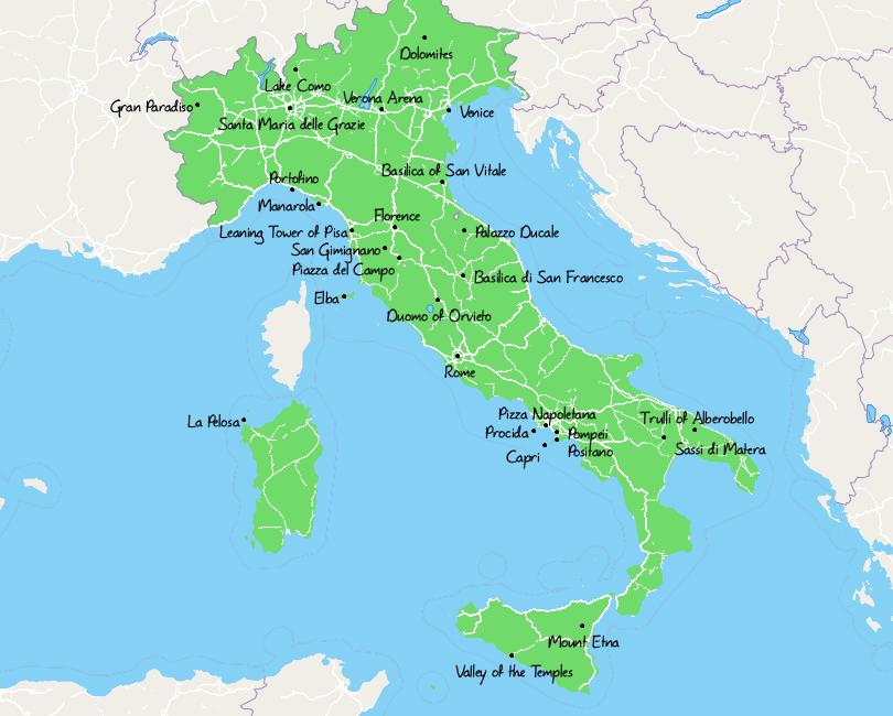 Map of Tourist Attractions in Italy