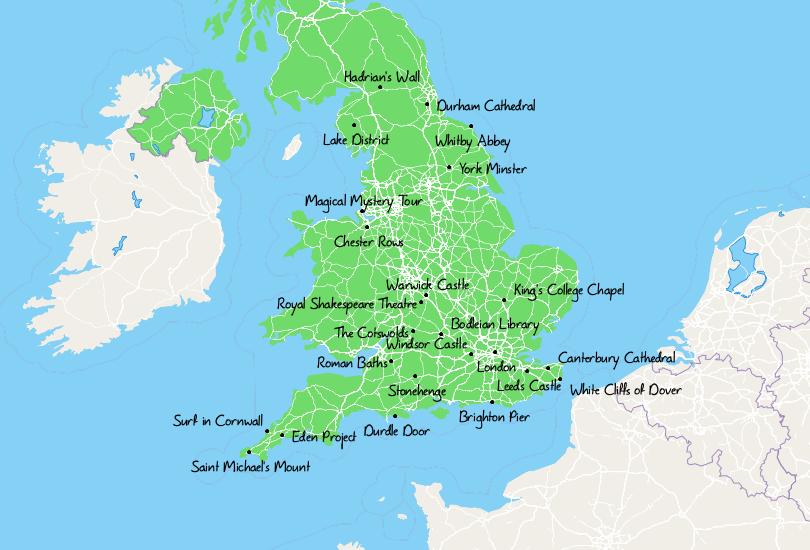 Map of Tourist Attractions in England
