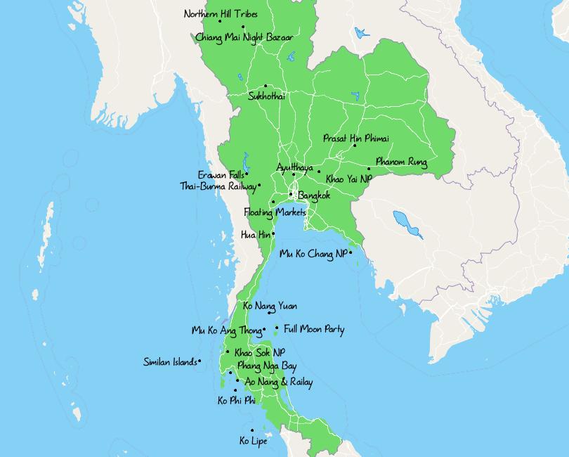 Map of Tourist Attractions in Thailand