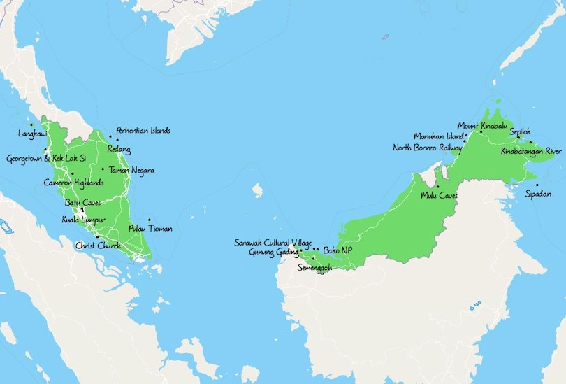 Map of Tourist Attractions in Malaysia