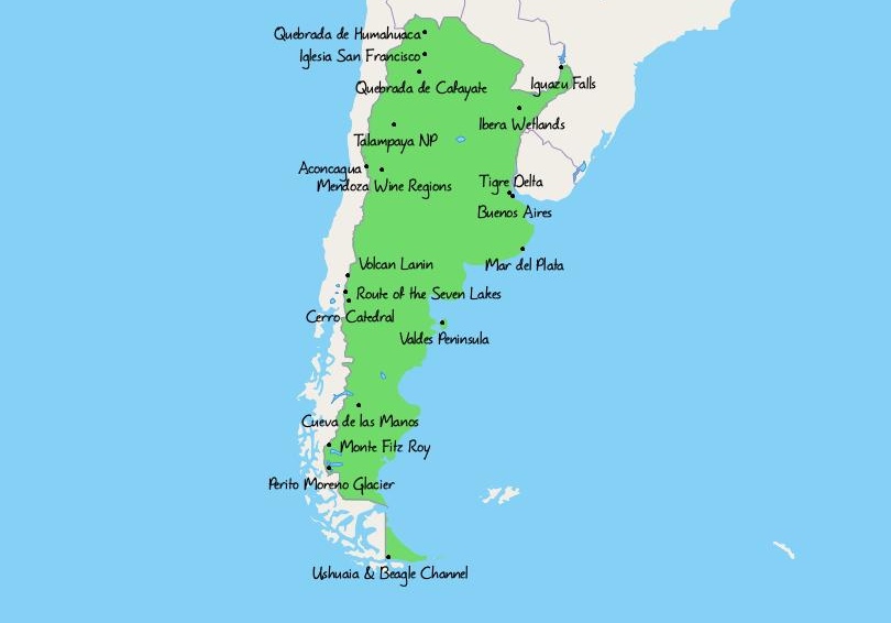 Map of Tourist Attractions in Argentina