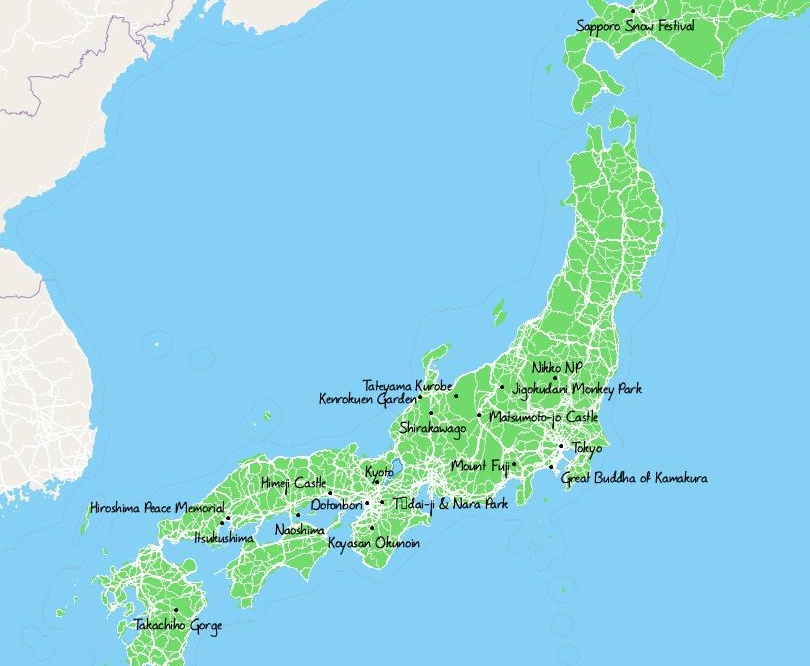 Map of Tourist Attractions in Japan