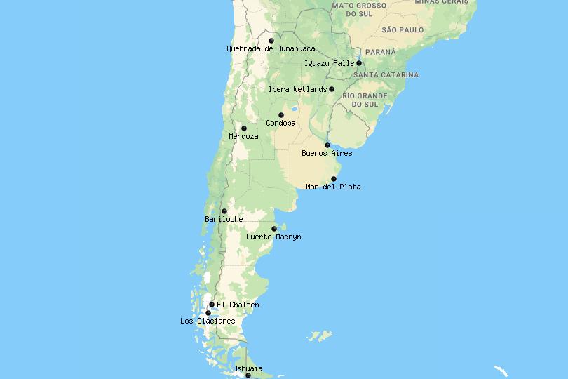 Map of Places to Visit in Argentina