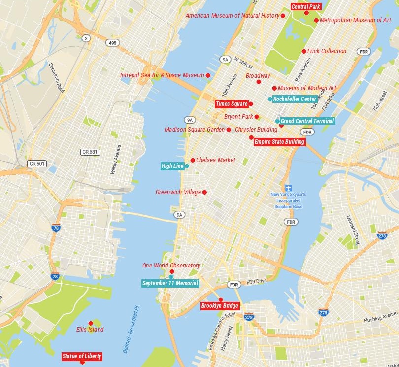 Map of Tourist Attractions in New York City