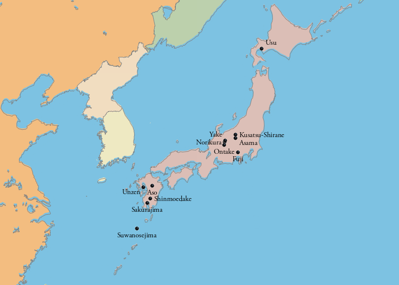 Map of Volcanoes in Japan