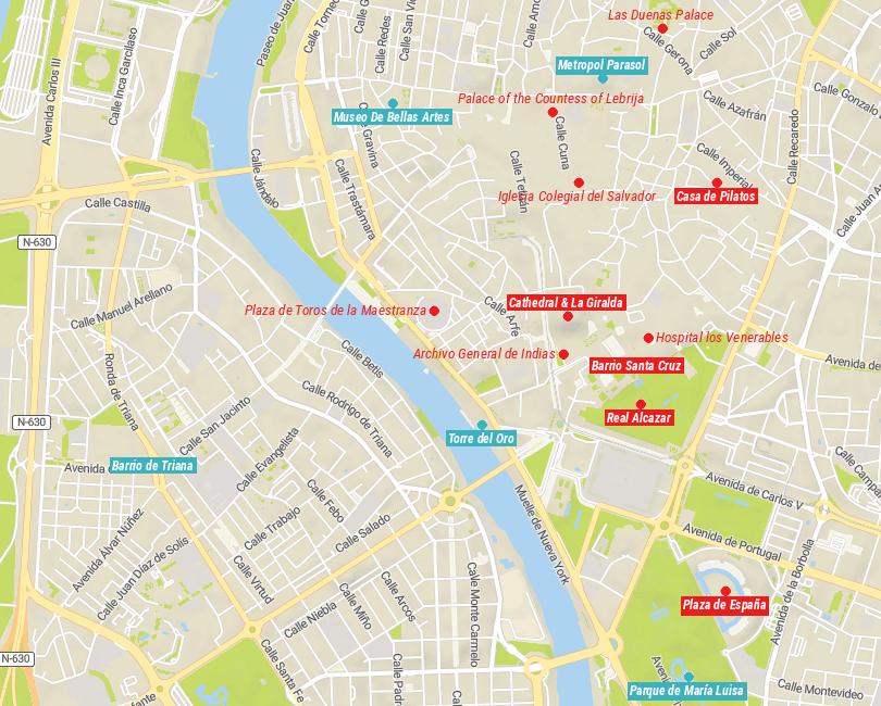 Map of Things to Do in Seville, Spain