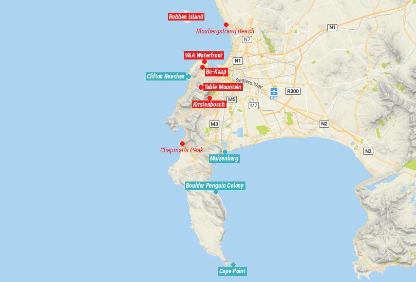 Large map of Tourist Attractions in Cape Town