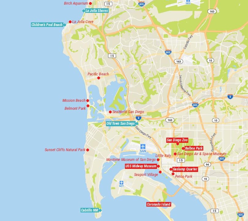 Map of Tourist Attractions in San Diego