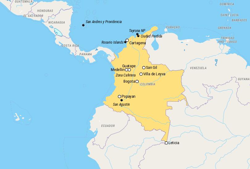 Map of Places to Visit in Colombia