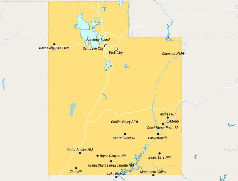 Map of Places to visit in Utah