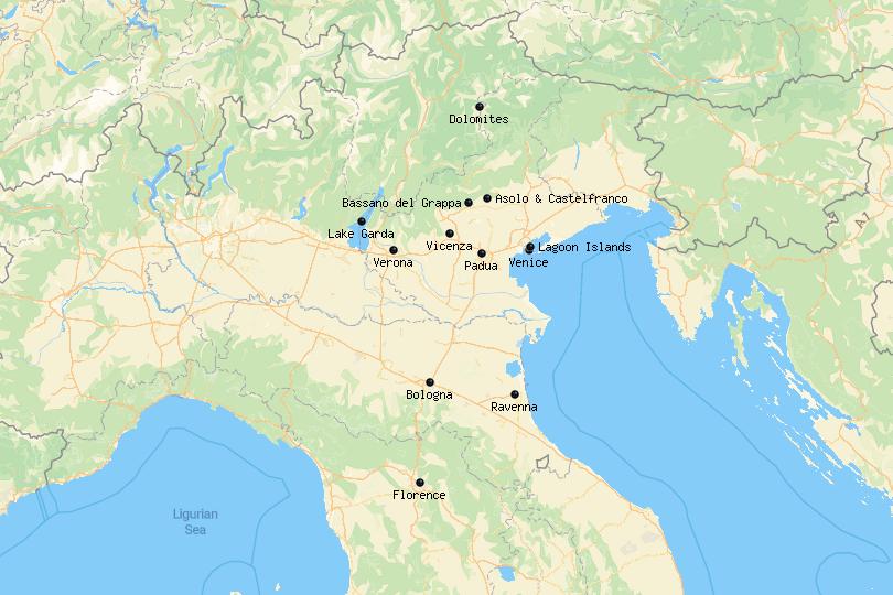 Map of day trips from Venice