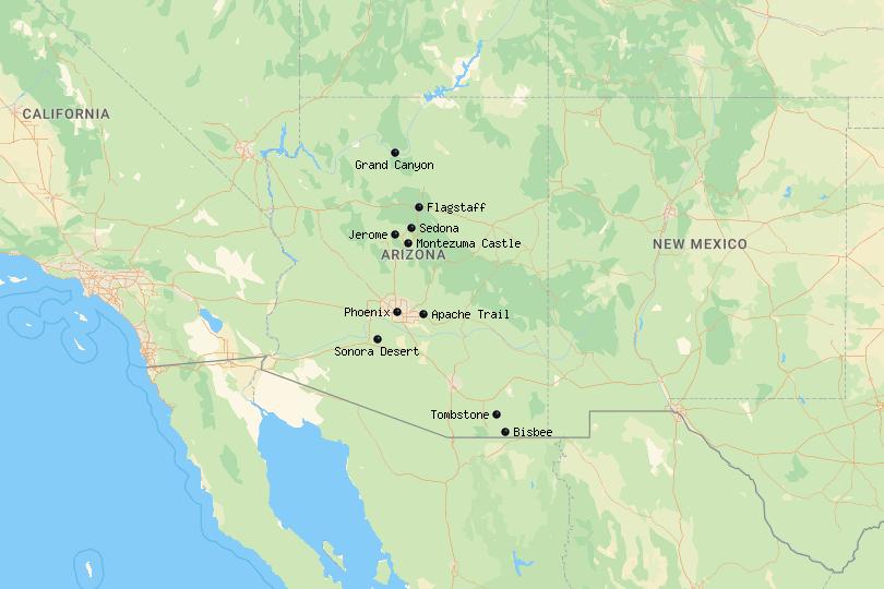 Map of day trips from Phoenix