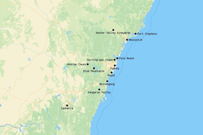 Map of day trips from Sydney
