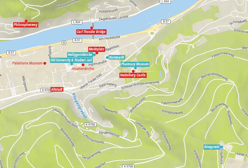Map of Tourist Attractions in Heidelberg