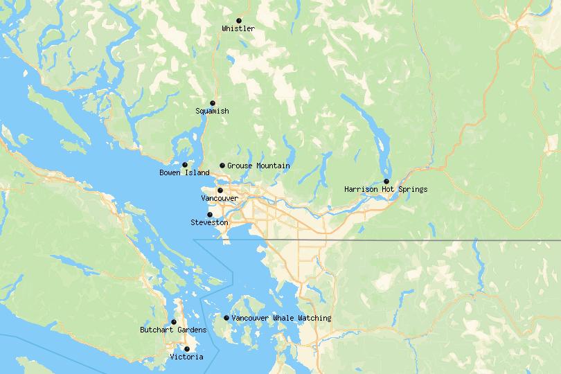 Map of day trips from Vancouver