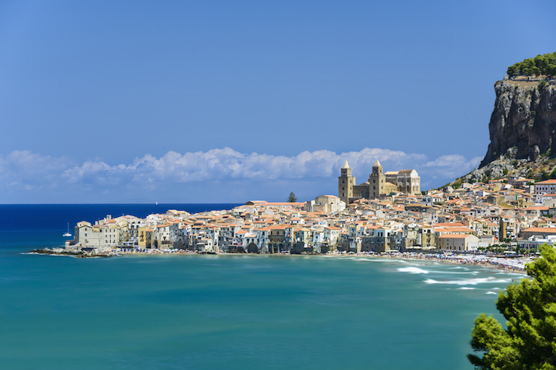 View of Cefalu with beach and castle