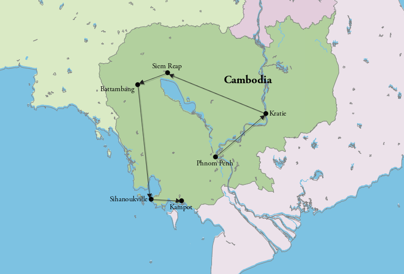 2 Weeks in Cambodia Itinerary Map