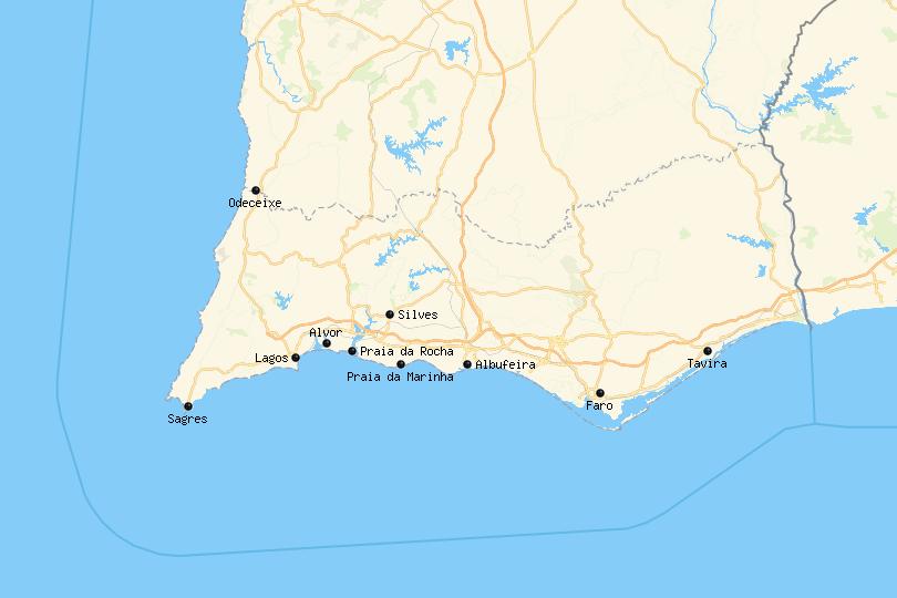 Map of the Algarve Region in Portugal