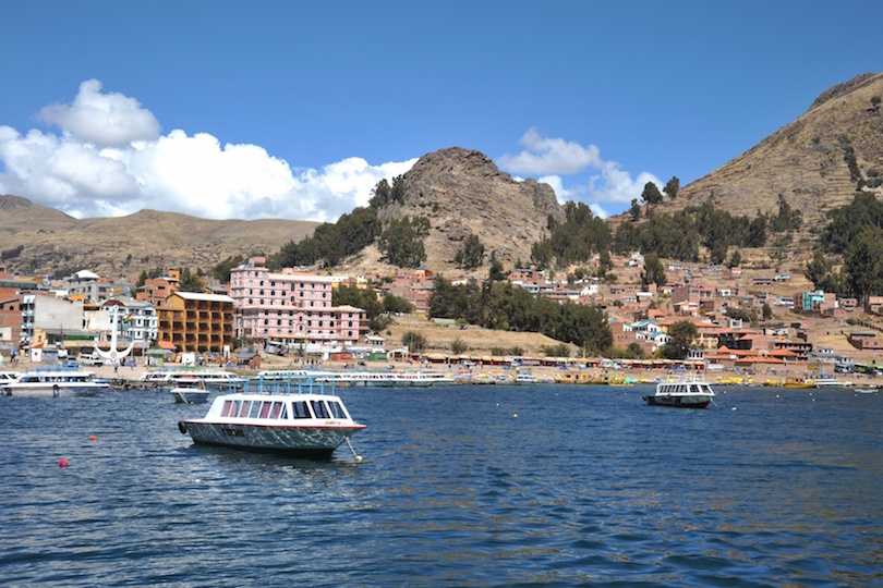 Boats in the town of Copacabana on lake Titicaca
