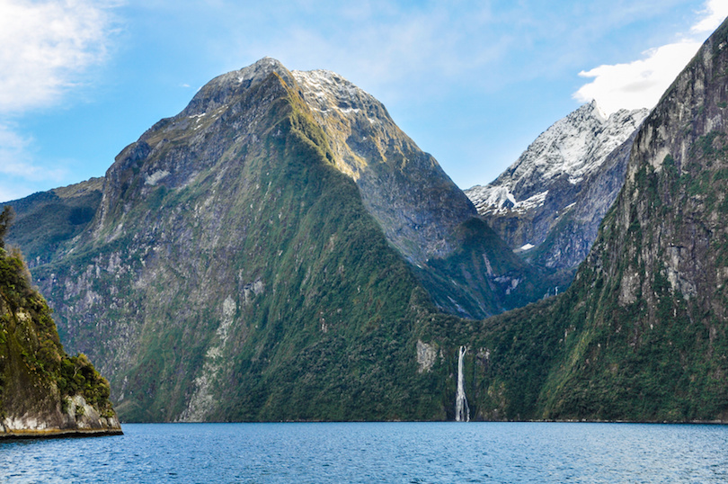 Approaching a waterfall in Milford Sound, New Zealand