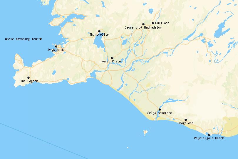 Karte der Tagesausflüge von Reykjavik