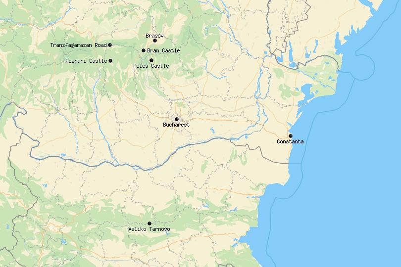 Map of day trips from Bucharest
