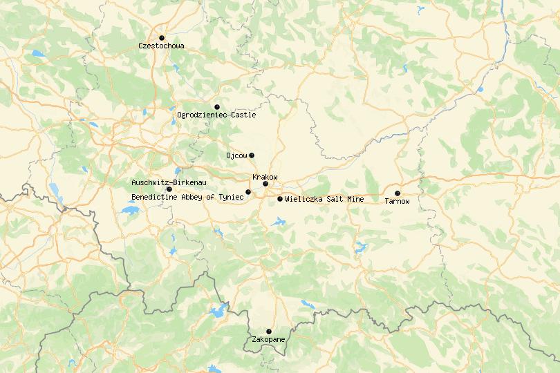 Map of day trips from Krakow