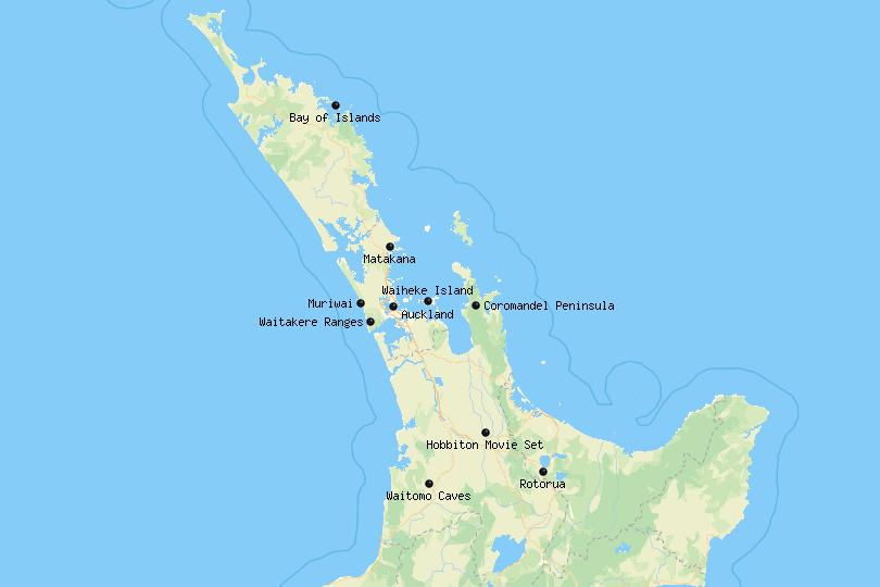 Map of day trips from Auckland