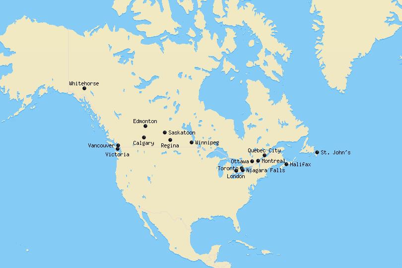 Map of cities in Canada