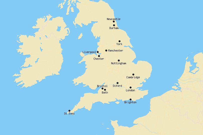 Map of cities in England