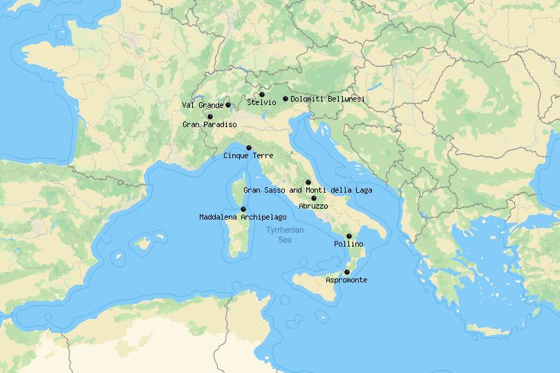 Karte der Nationalparks in Italien