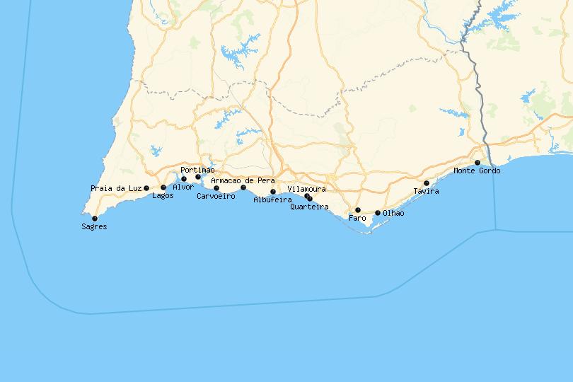Map of the best places to stay in the Algarve