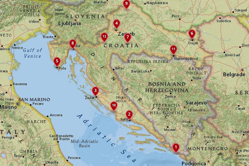 Carte des villes de Croatie