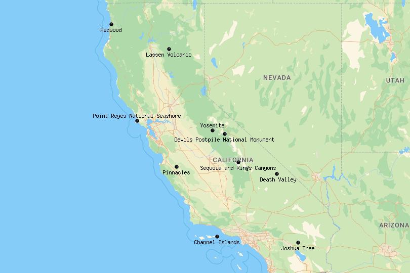 Map of National Parks in California