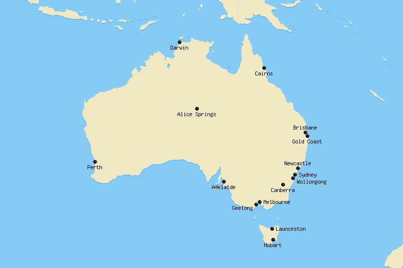 Map of cities in Australia