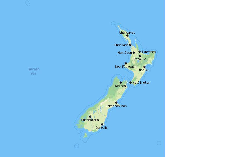 Map of cities in New Zealand