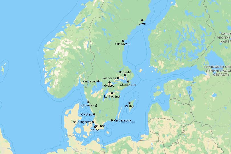 Map of cities in Sweden