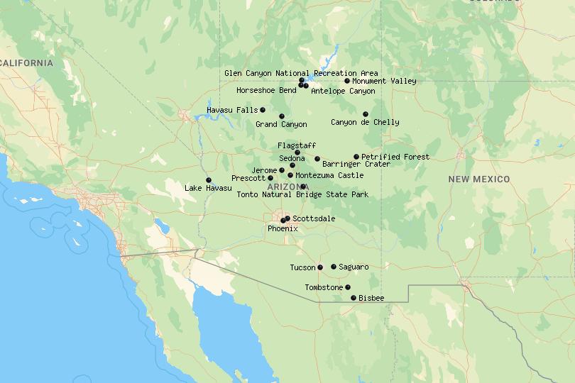 Map of Places to Visit in Arizona