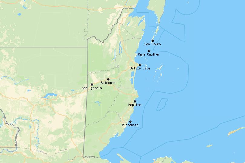 Map of the best places to stay in Belize