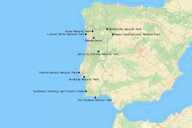 Map of natural and nature parks in Portugal