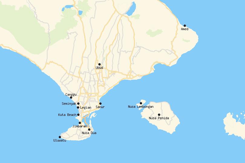 Map of the best places to stay in Bali