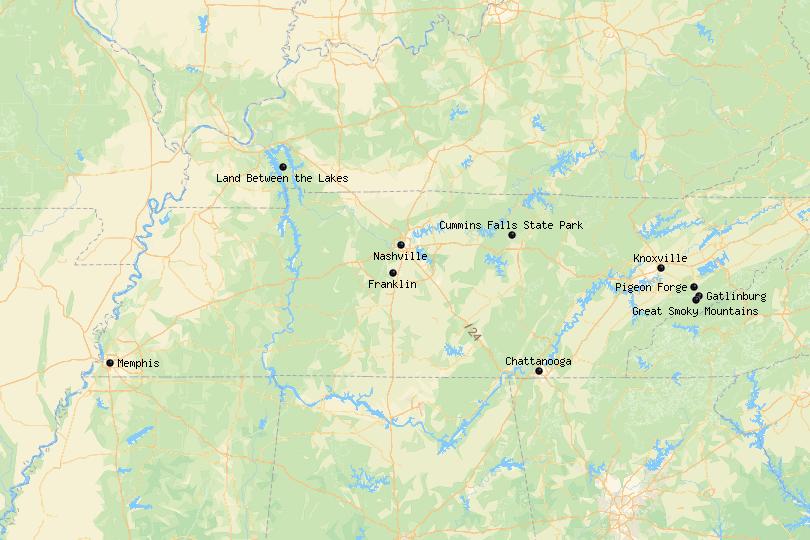 Map of the Best Places to Visit in Tennessee