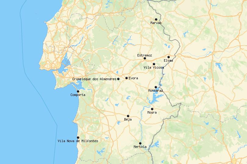 Map of Alentejo, Portugal