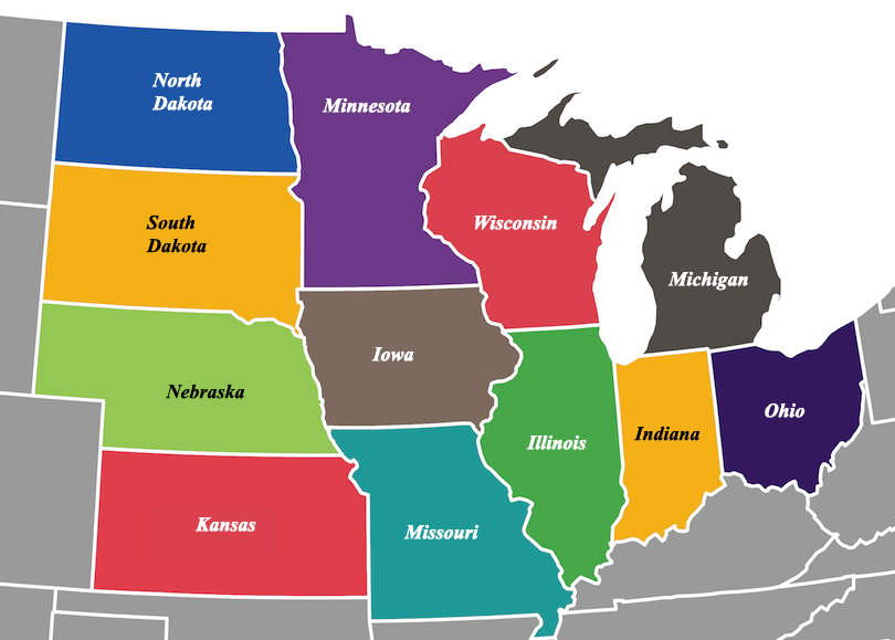 mapa de estados del medio oeste