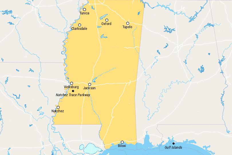 Map of Places to Visit in Mississippi