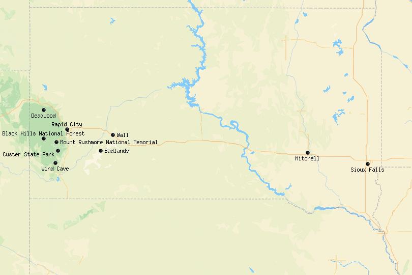 Sehenswürdigkeiten in South Dakota Karte