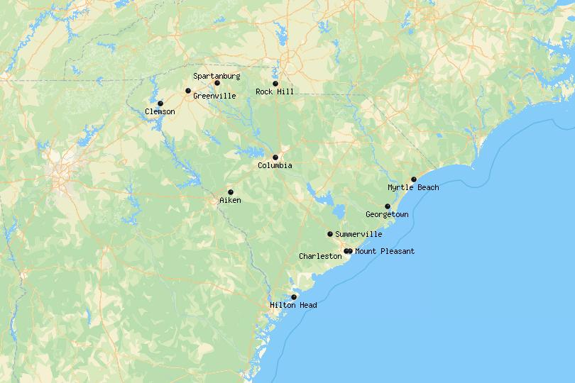 Cities in South Carolina Map