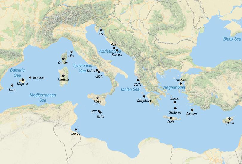 Map of Islands in the Mediterranean