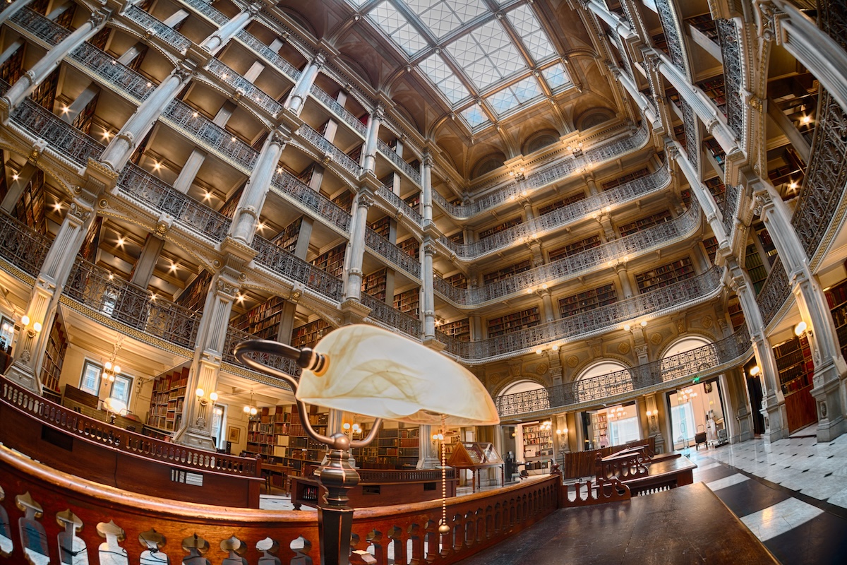 Bookshelf inside Peabody Library