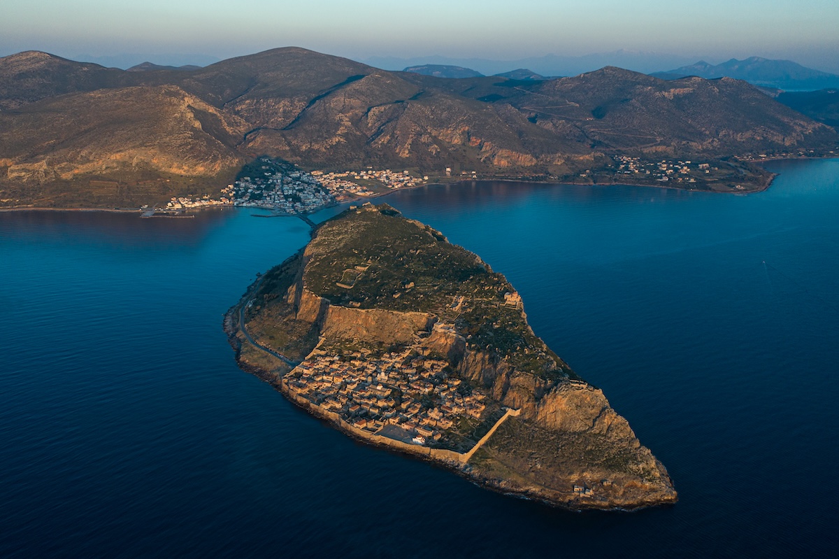 Aerial view of Great Rock of Monemvasia island